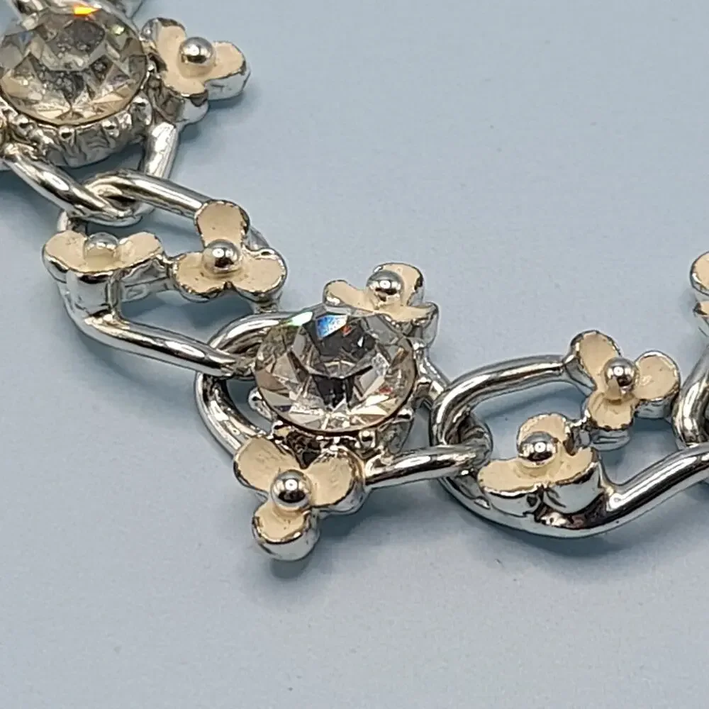 Vintage Creamy White Flower Bracelet, Clear Rhinestones, Mid-Century
